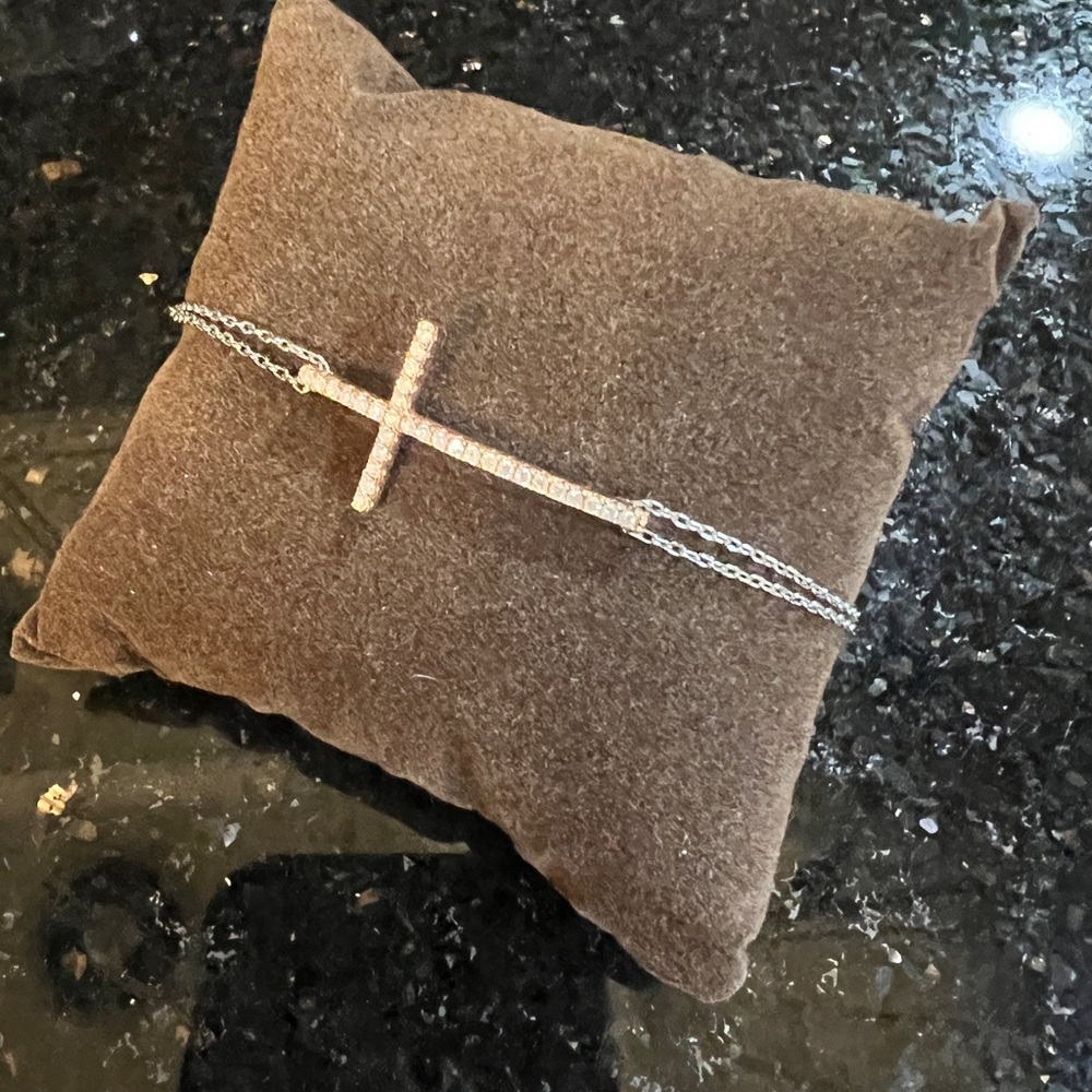 Chain bracelet, sterling silver with rose gold cross, simulated diamonds.